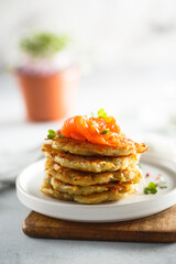 Homemade potato pancakes with smoked salmon