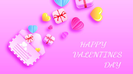 14 February Happy Valentine's Day Greeting Hearts Gifts Envelope Background. Romantic Love Vector Design Banner Party Invitation Template