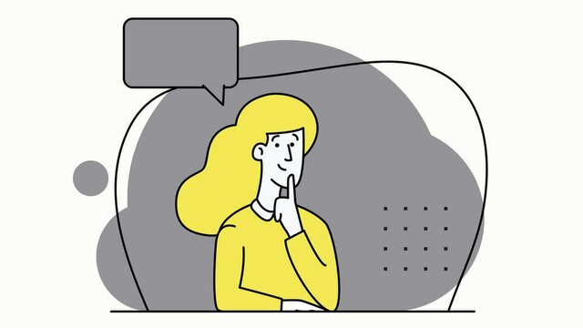 Modern metaphor for choice. Doubts about the decision. Woman reflects on different views. Choice between opposite positions. Dialogue speech bubbles. Girl has a lot of thoughts. 2d flat animation.	