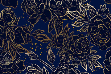 Golden on blue peony flowers summer vector image © Demokoo Design