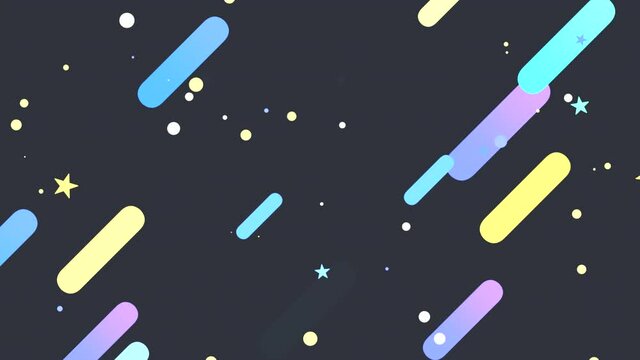 Looped 2d motion graphics of colorful gradient rounded rectangles, stars, and circles pattern on slate gray background.