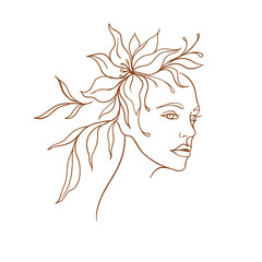 Vector portrait, women face in minimalistic trendy style with a wreath of hand drawn flowers, design templates for social media stories and bloggers - simple, stylish logo for beauty salons, packaging