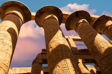 Karnak Temple, Colossal sculptures of ancient Egypt in the Nile Valley in Luxor, Embossed...