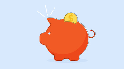 Piggy bank icon with coins vector illustration isolated on blue background. Saving, investment in future or save money or open a bank deposit concept. Flat style objects. Copy space for design or text