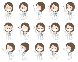 マスクを着けた女性の医師の表情セット