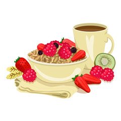 Tasty porridge with berries in a bowl, cup of coffee, raspberries, kiwi, orange and ears. Breakfast on napkin. Health food vector illustration. Good morning. Flat style.