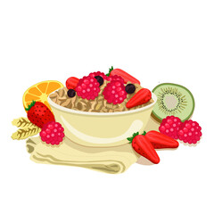 Tasty porridge with berries in a bowl, cup of coffee, raspberries, kiwi, orange and ears. Breakfast on napkin. Health food vector illustration. Good morning. Flat style.