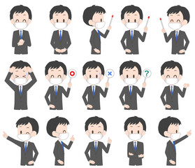 マスクを着けたスーツ姿の男性の表情セット