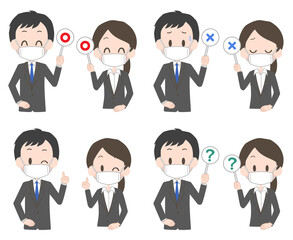 マスクを着けたスーツ姿の男女の表情セット