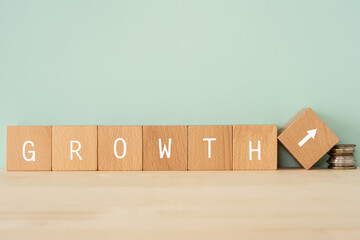 成長、増加、発展｜「GROWTH」と書かれた積み木とお金