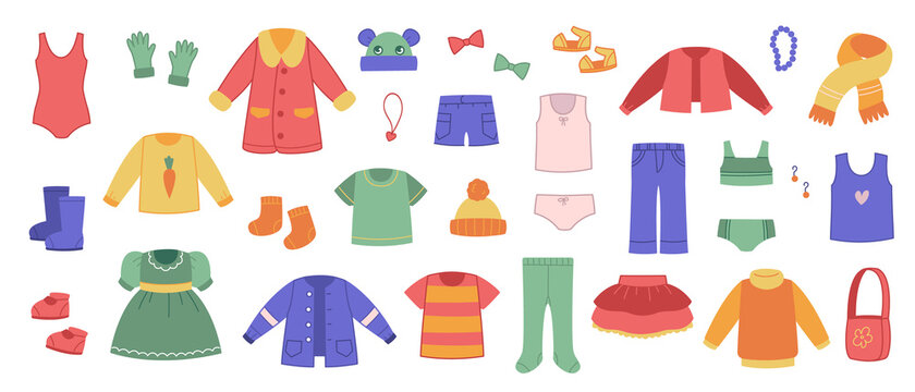 Collection of colored children s clothing. Vector Set of wardrobe items. Children s clothing for winter and summer. Isolated clipart dress, accessories and trousers on a white background
