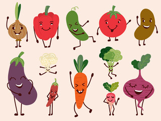 Cheerful vegetable characters. Set of happy and funny vegetables. Vector illustration.