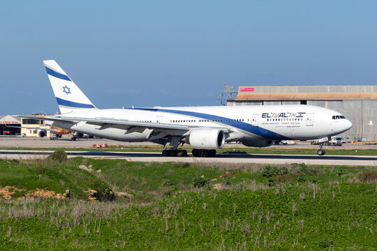 Luqa, Malta - November 13, 2018: El Al Israel Airlines Boeing 777-258/ER (REG: 4X-ECB) landing runway 13, arriving for painting works at ACM Malta.