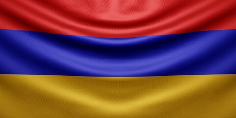 Fototapeta premium Hanging wavy national flag of Armenia with texture. 3d render.