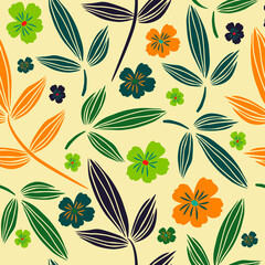 Floral Seamless Pattern With Lovely Flowers And Leaves. Colorful Fashion Print. Hand Drawn Vector Illustration, Great for Wedding Decoration, Greeting Cards, Scrapbooking, Invitation.