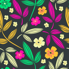 Floral Seamless Pattern With Lovely Flowers And Leaves. Colorful Fashion Print. Hand Drawn Vector Illustration, Great for Wedding Decoration, Greeting Cards, Scrapbooking, Invitation.