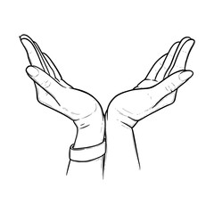 Gesture expressing protection, care, support and safety. Hand symbol of love and compassion in sketch style. Vector illustration isolated in white background