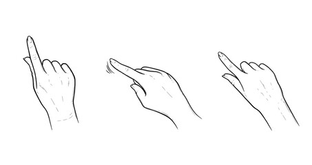 Index finger gestures for smartphone or tablet. Tap, swipe or slide gestures for devices with touchscreens. Sketch vector illustration isolated in white background