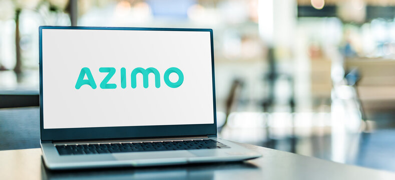 Laptop computer displaying logo of Azimo
