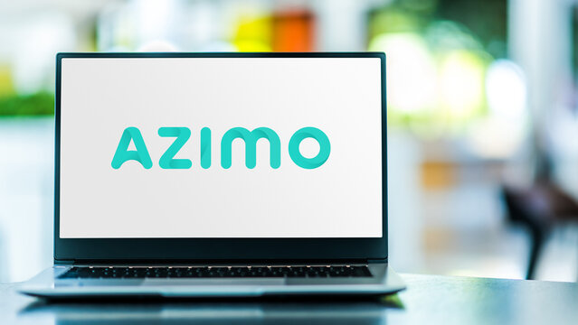 Laptop computer displaying logo of Azimo