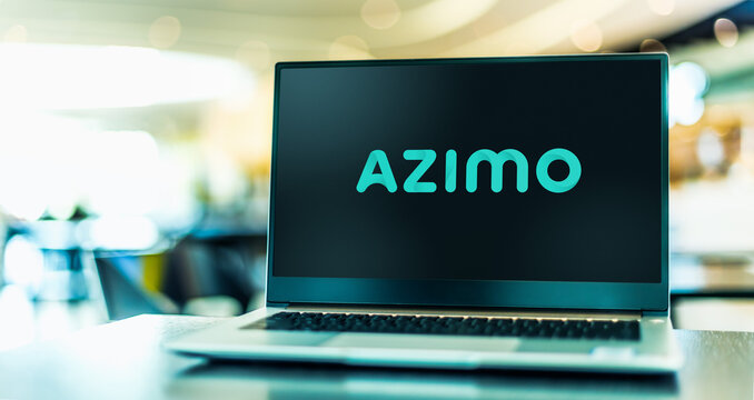 Laptop computer displaying logo of Azimo