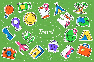 Travel and Tour - sticker set. Concept of adventure and tourism. Vector symbol collection.
