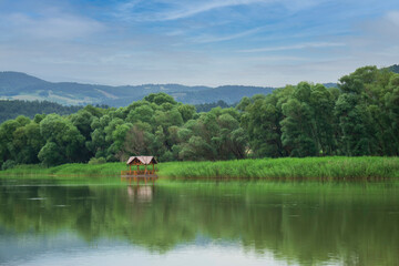 Obraz premium Spring natural landscape with a lake surrounded by green foliage of trees and wooden cabin
