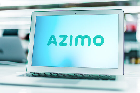 Laptop computer displaying logo of Azimo