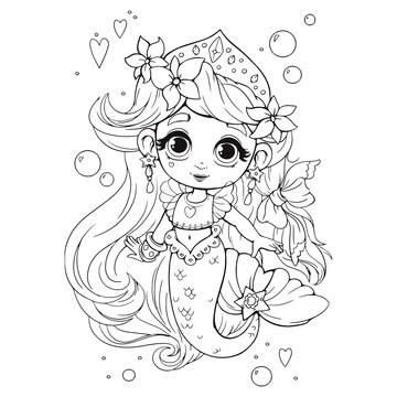 Cute little mermaid with crown coloring book. Coloring book for girls with a beautiful anime style mermaid. Vector illustration of black lines in cartoon childish style. Isolated clipart on white