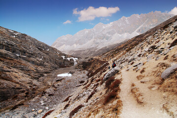 Nature scene landscape of The way for trekking mountain at Yading Nature Reserve Park  go to see Milk lake on the top of mountain, Daocheng County, Sichuan China hikes to epic mountains and adventure 