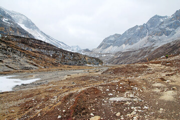 Landscape Natural scene of trek way for trekking mountain at Yading Nature Reserve Park go to see Milk lake on the top of mountain, Daocheng County, Sichuan China - hikes to epic mountains 
