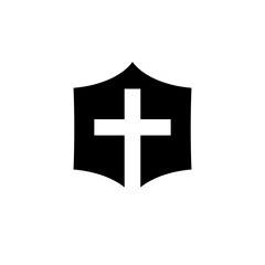 Shield icon with christian cross symbol isolated on white background