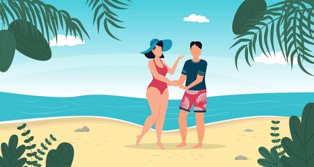 Couple om beach. Woman in swimsuit summer vacation on tropical beach. Blue sea island resort. Summer vacation concept. Girl in bikini travel sea. Tropical island paradise. Palm leaves