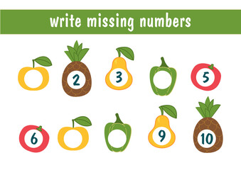 Write the missing numbers. Cartoon vegetables and fruits with numbers. Food mini game for kids. An educational math game for children. Fill in the row, write in the missing numbers.