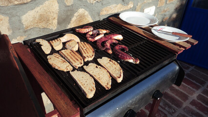 grilled octopus and grilled bread, Chios, Greek islands, Greece