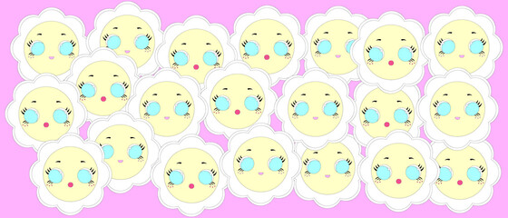 Print colorful flower face pattern design. Vector smile sweet modern summer illustration. Collection of cartoon simple shapes in modern style. wall decoration, postcard, brochure cover design sketch.