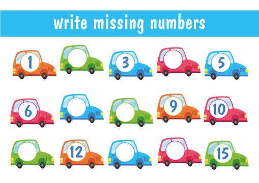 Write the missing numbers. Cartoon cars with numbers from 1 to 15. Transport mini-game for children. An educational math game for children. Fill in the row, write in the missing numbers.
