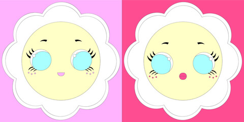 Print colorful flower face pattern design. Vector smile sweet modern summer illustration. Collection of cartoon simple shapes in modern style. wall decoration, postcard, brochure cover design sketch.