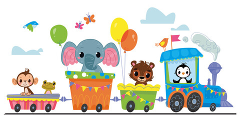 Cartoon steam locomotive with cute animals rides on a white background. Banner with rail transport and African animals elephant, penguin, bear and monkey. Cute cartoon print for toddler