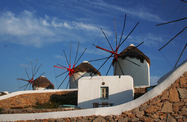 Picturesque windmills on the island of winds, Mykonos, cyclades, greek islands, Greece