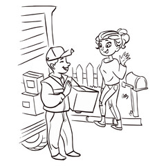 Delivery service. Online shopping, truck. A male courier hands over a parcel to a happy woman. Line flat design. Vector cartoon illustration of characters having fun
