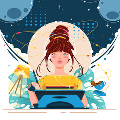 Ilustracja wektorowa pracująca na tablecie graficznym. Projektantka projektuje na komputerze. i słucha muzyki w słuchawkach.