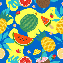 Summer bright vector seamless pattern with juicy fruits and tropical leaves.