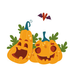 Pumpkin lovers with a heart with wings above them. A married couple of pumpkins. Halloween party decor. Cartoon characters are monsters. Vector illustration in children s style. Isolated clipart