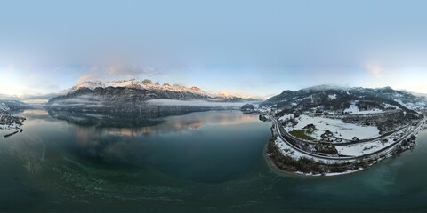 360 degree seamless panorama over lake in switzerland