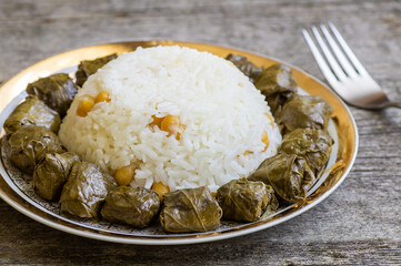 Stuffed meat, grape boiled leaves, traditional turkish food, sarma, dolma