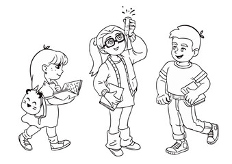 Set of schoolchildren by line. The boy is an athlete, a girl is reading a book and a schoolgirl is holding a chemical test tube. Coloring book. Realistic cartoon characters. Vector isolated on white.