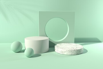3D render of minimal podiums and geometric shapes with shadow of the tropical plants