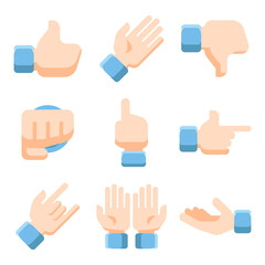 set of hand icons, different gestures. touch, approach the fist, thumb up, dislike, point, wave hand, and more. outline icon vector