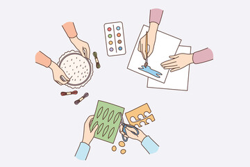 Children entertainment and leisure concept. Diverse kids hands creating craftworks painting, scrapbooking, embroidering during workshop vector illustration 